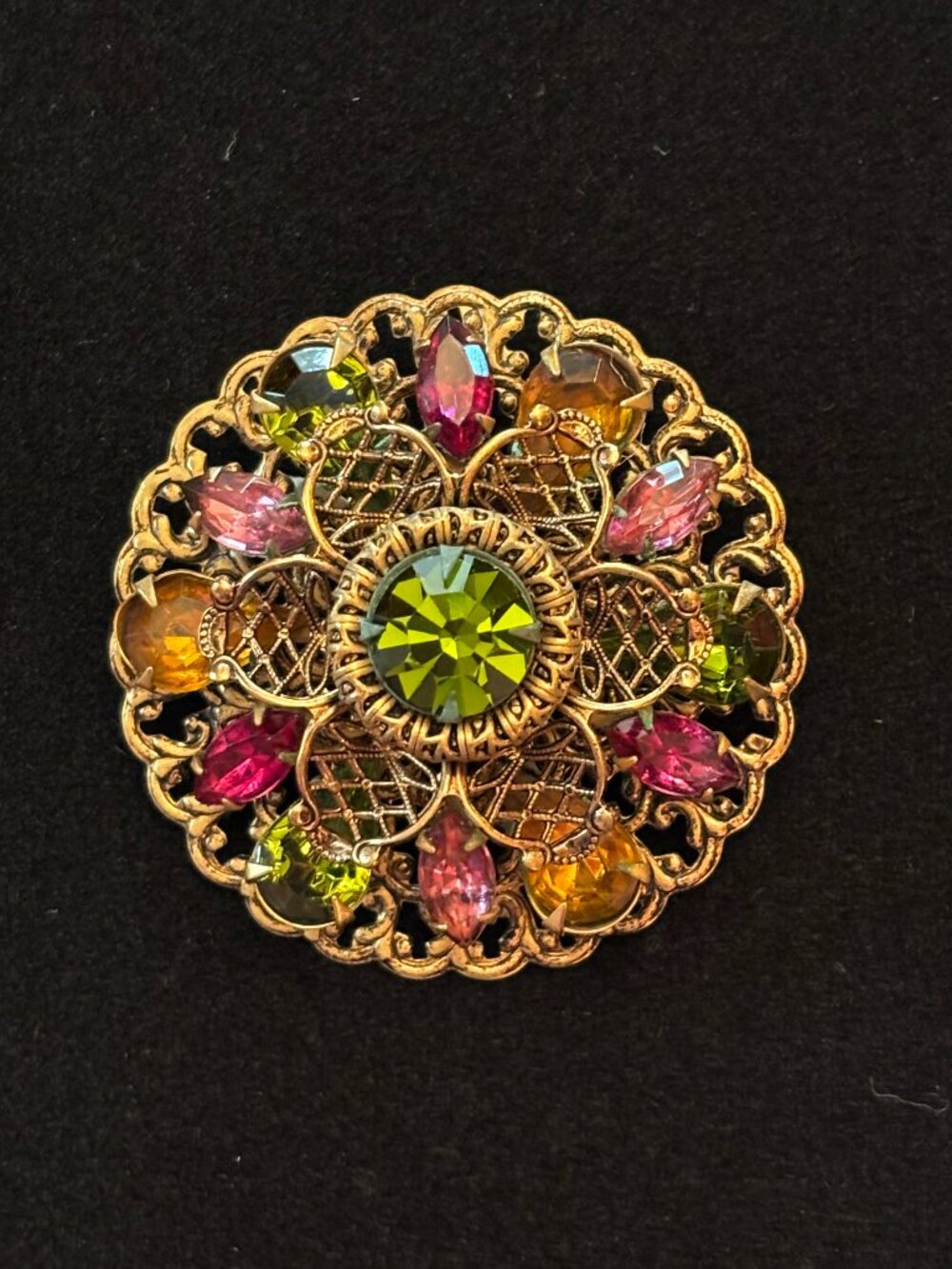 Vintage Gold Tone Filigree Rhinestone Magenta Green & Amber Flower Tiered Brooch